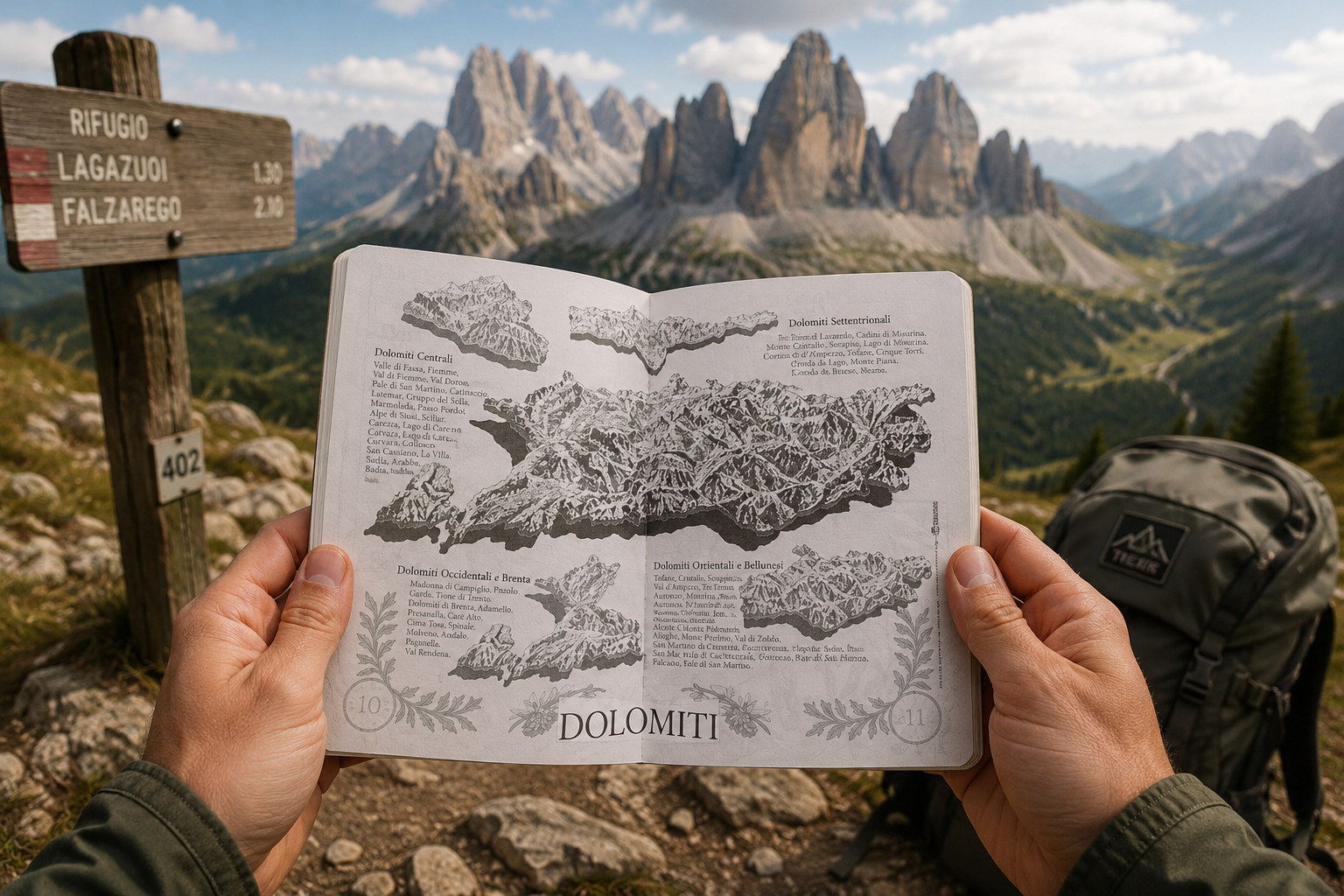 Il Passaporto delle Dolomiti originale di Light Hunter, pensato per raccogliere i timbri dei rifugi e conservare i ricordi delle escursioni nelle Dolomiti.