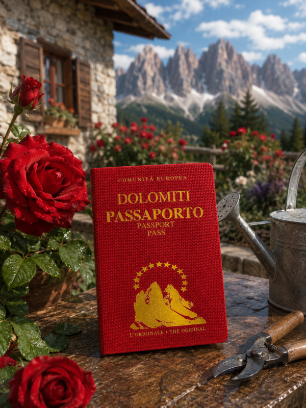 Passaporto delle Dolomiti originale Light Hunter fotografato a casa della nonna con le rose rosse.