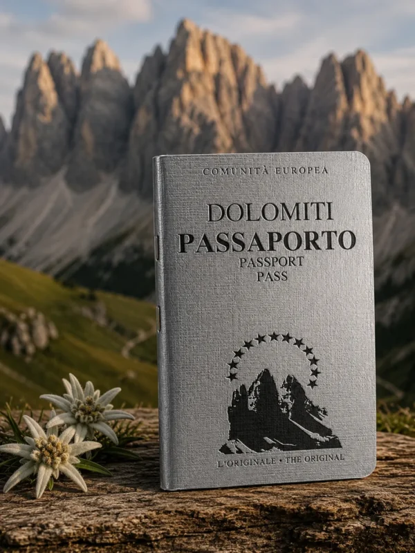 Passaporto delle Dolomiti originale Light Hunter fotografato davanti alle Tre Cime di Lavaredo