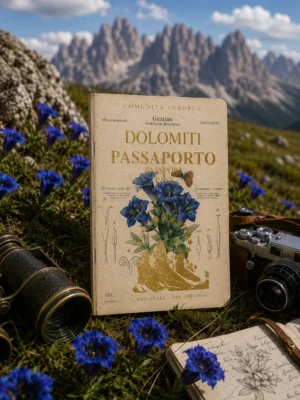 Passaporto delle Dolomiti originale Light Hunter con fiori di genziana e panorama delle Dolomiti