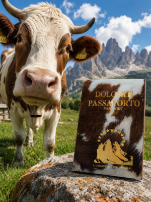 Passaporto delle Dolomiti originale Light Hunter fotografato con la Mucca tipica dei pascoli in montagna.