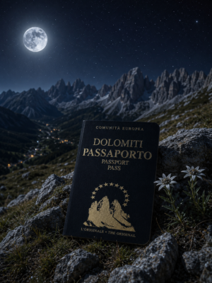 Passaporto delle Dolomiti originale Light Hunter fotografato con la luna piena e il panorama notturno dele Dolomiti.
