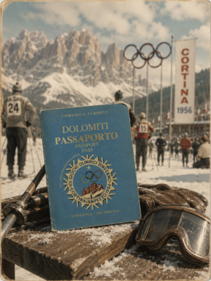 Passaporto delle Dolomiti originale Light Hunter fotografato alle olimpiadi del 1956 a Cortina d'Ampezzo.