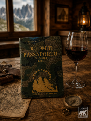 Passaporto delle Dolomiti originale Light Hunter fotografato in rifugio in pausa calice di vino.