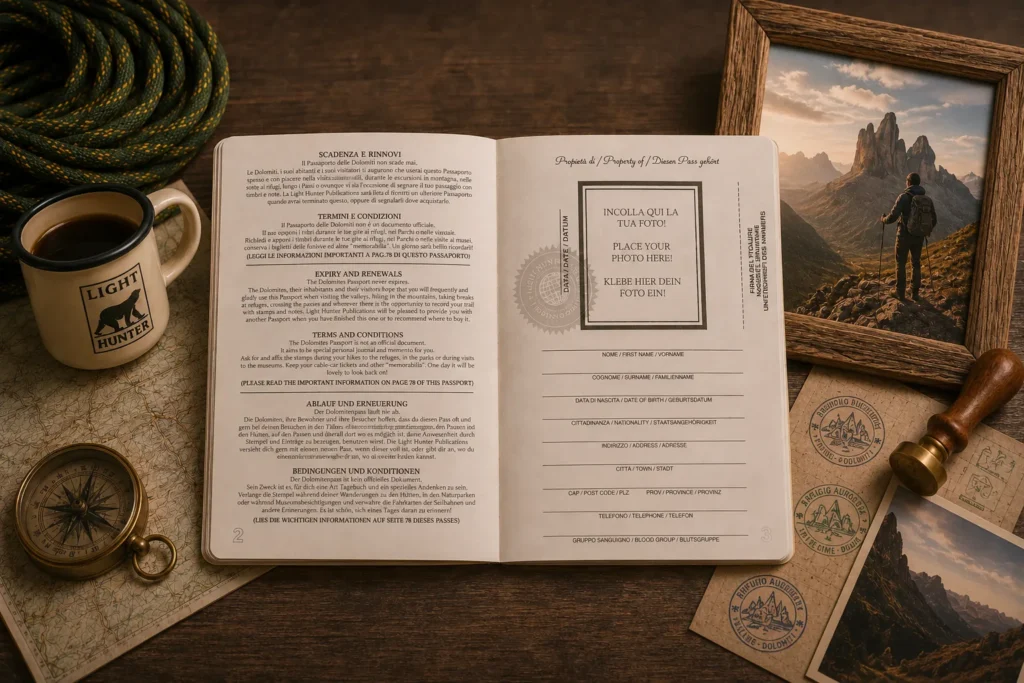 Passaporto delle Dolomiti originale Light Hunter pagina iniziale iscerici la tua foto