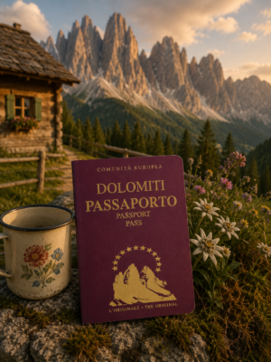 Passaporto delle Dolomiti originale Light Hunter fotografato in baita con tazza e stelle alpine, copertina classica