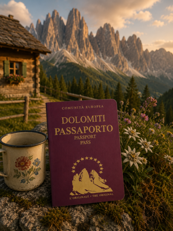 Passaporto delle Dolomiti originale Light Hunter fotografato in baita con tazza e stelle alpine, copertina classica
