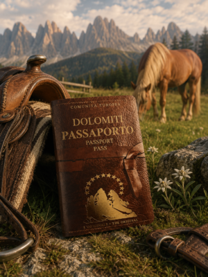 Passaporto delle Dolomiti originale Light Hunter fotografato in escursione con trekking a cavallo, copertina a tema Taccuino Vintage.